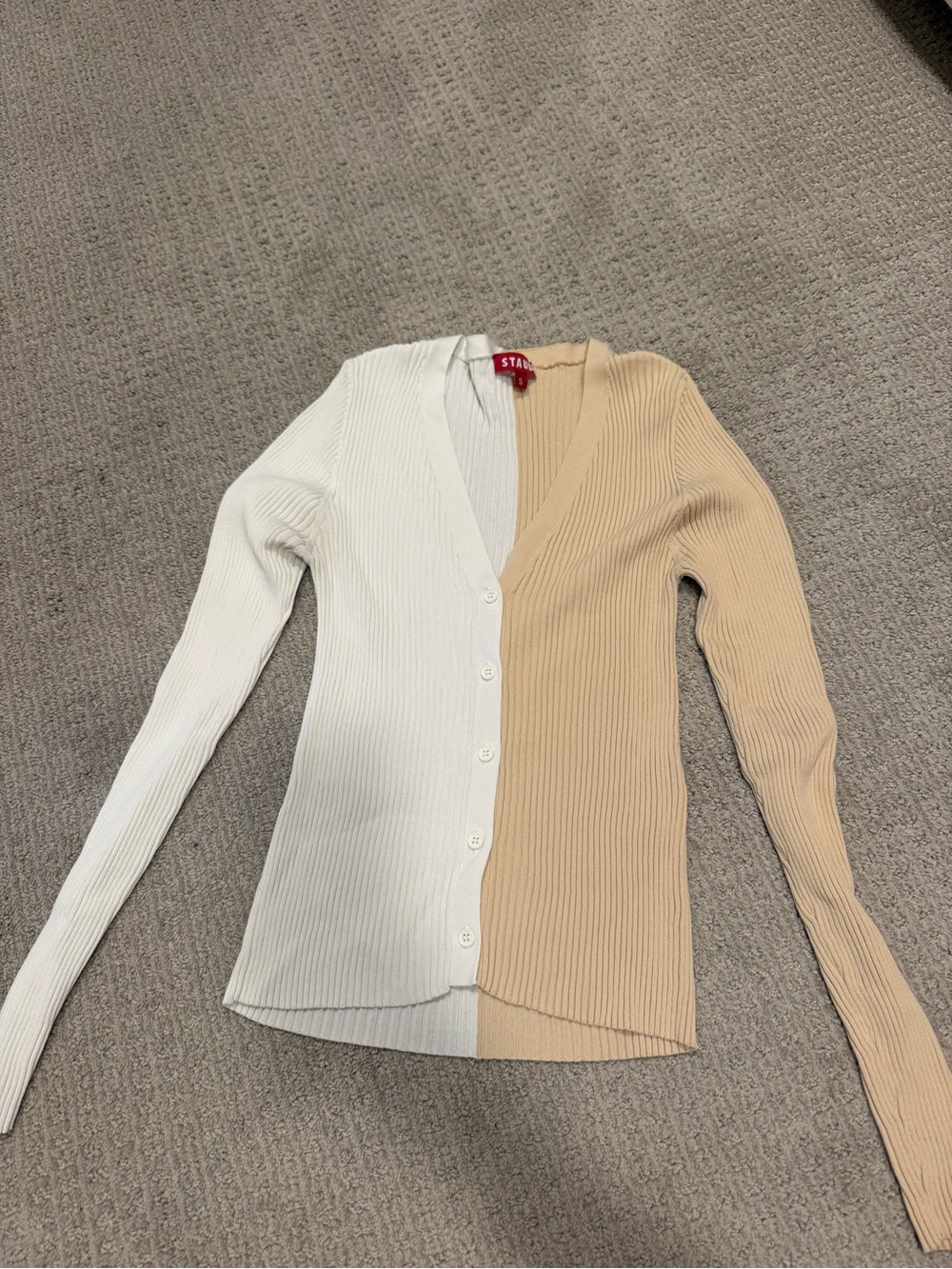 STAUD Two-Tone Ribbed V-Neck Cardigan - White & Beige